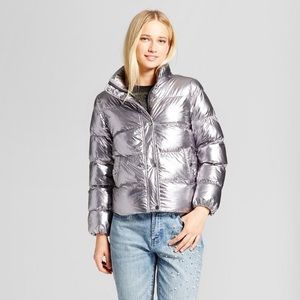 Who What Wear Boxy Metallic Puffer Jacket Silver